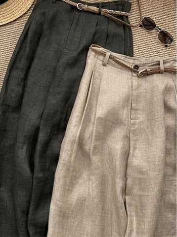 Ženske hlače od lana s širokim krojem, khaki boje, visokim strukom, lagane i vizualno dotjerane, casual stil, proljeće 2026