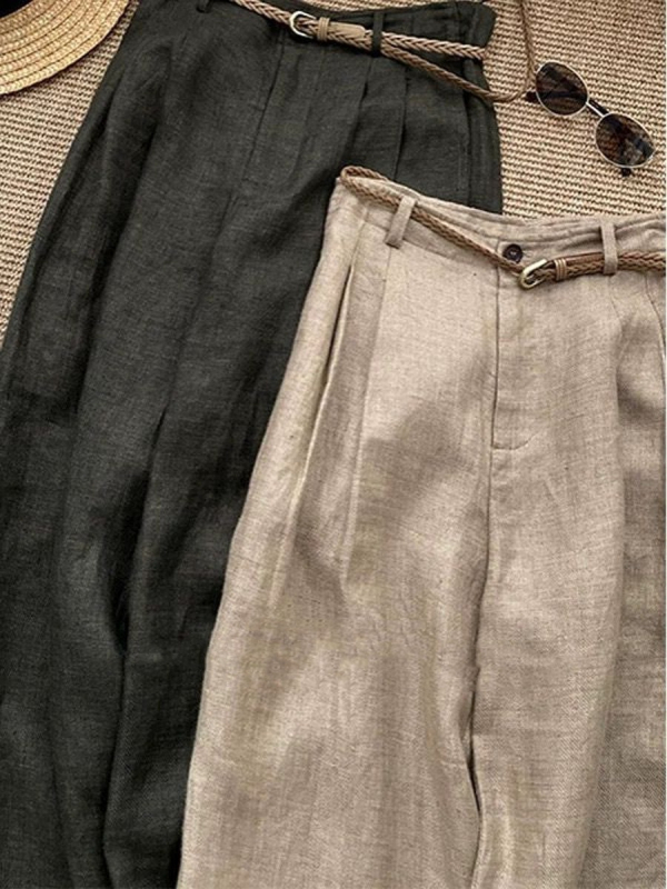 Ženske hlače od lana s širokim krojem, khaki boje, visokim strukom, lagane i vizualno dotjerane, casual stil, proljeće 2026