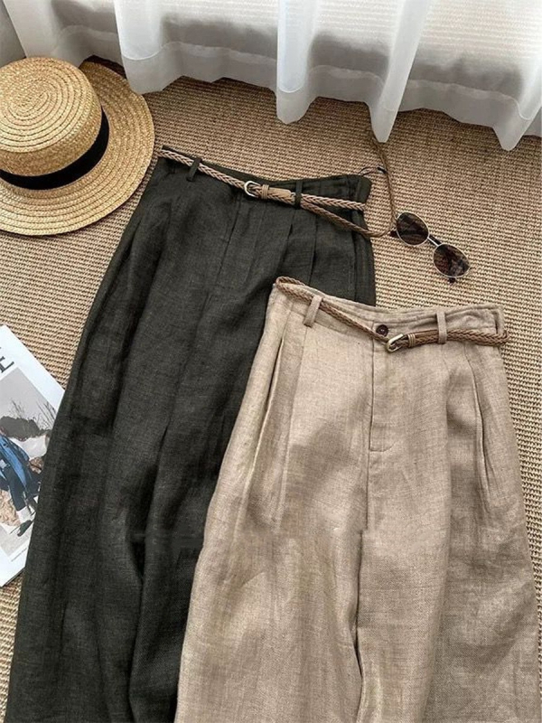 Ženske hlače od lana s širokim krojem, khaki boje, visokim strukom, lagane i vizualno dotjerane, casual stil, proljeće 2026