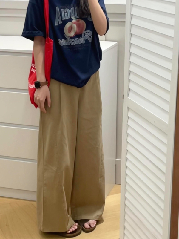 Ženske široke hlače u korejskom stilu, khaki boja, visok pas, opuštene, drapirane, casual