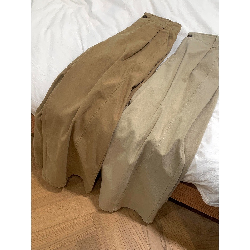 Ženske široke hlače u korejskom stilu, khaki boja, visok pas, opuštene, drapirane, casual