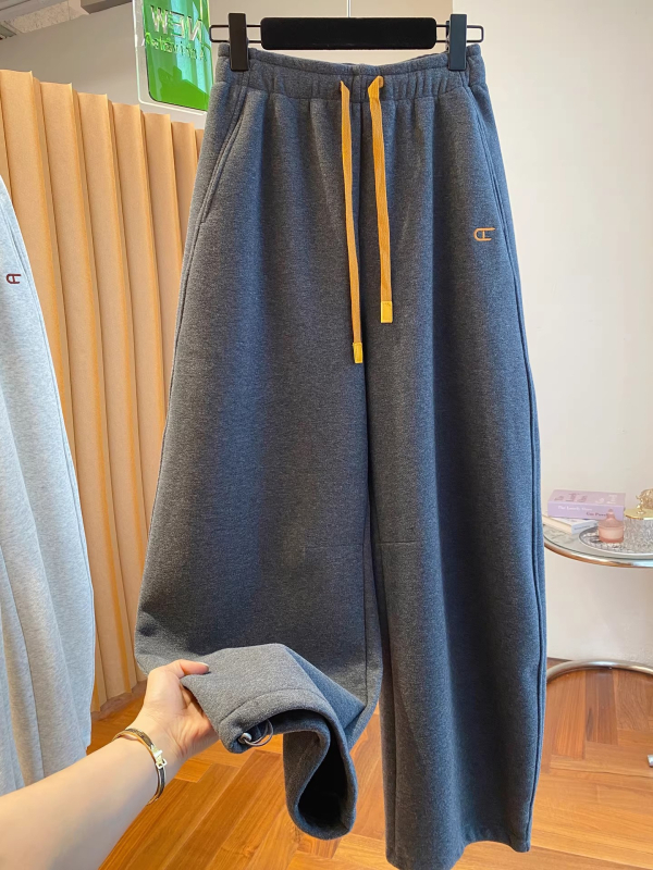 Plus veličine ženske jogger hlače, američkog stila s izvezenim detaljima, fleece podstavom, casual, jesen-zima, ležeran kroj, s vezeanom u struku i manžetama na kraju nogavica.
