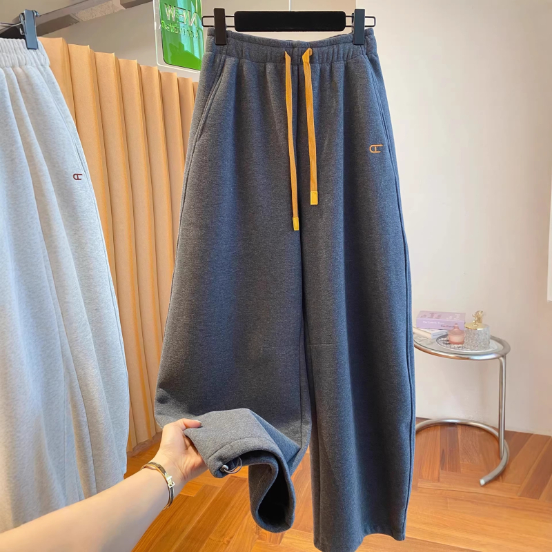 Plus veličine ženske jogger hlače, američkog stila s izvezenim detaljima, fleece podstavom, casual, jesen-zima, ležeran kroj, s vezeanom u struku i manžetama na kraju nogavica.