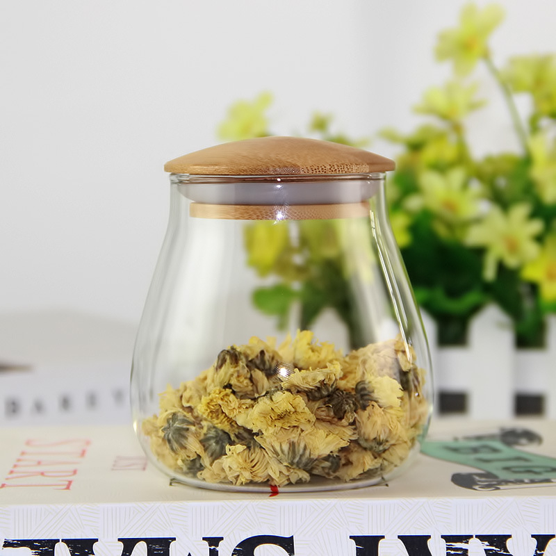 Recipient oval din sticlă borosilicat de înaltă rezistență, pentru ceai și cereale, cu capac din bambus sau lemn, pentru bucătărie