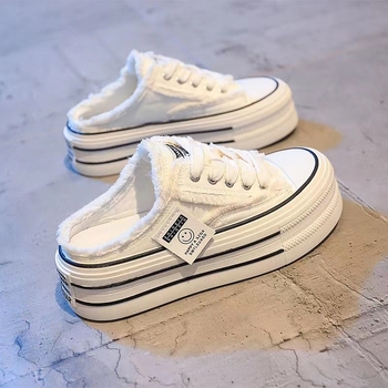 Damske platnene mule slip-on s debelim potplatom, bez pete, bijele cipele s unutarnjim podizanjem visine, proljeće 2026