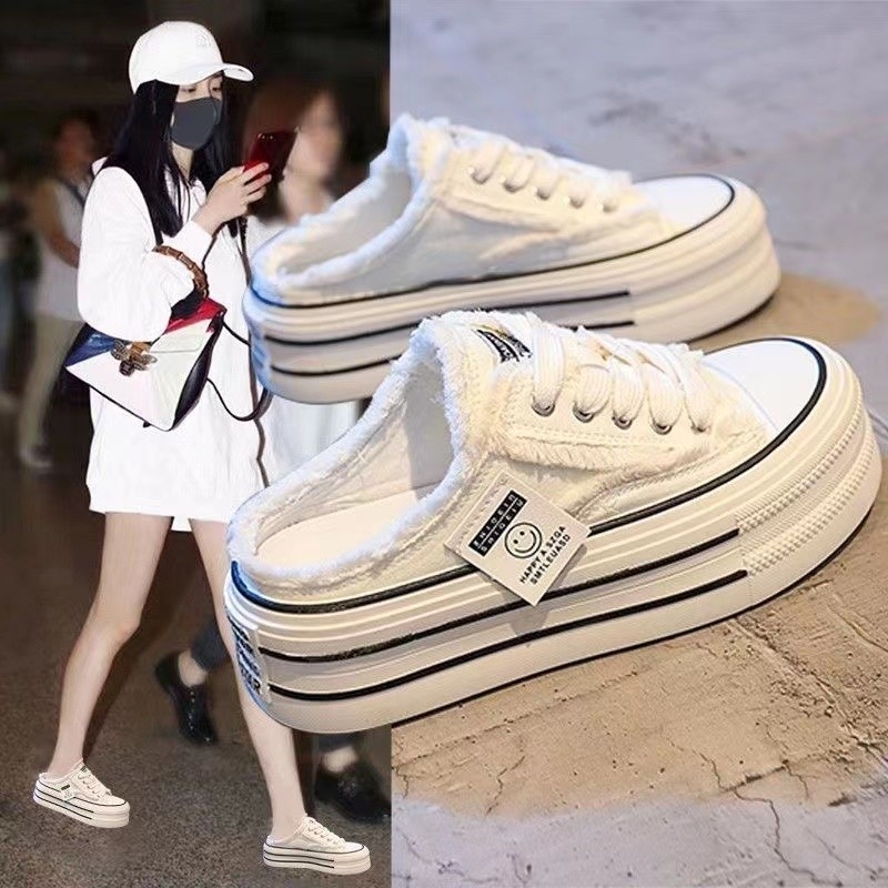 Damske platnene mule slip-on s debelim potplatom, bez pete, bijele cipele s unutarnjim podizanjem visine, proljeće 2026