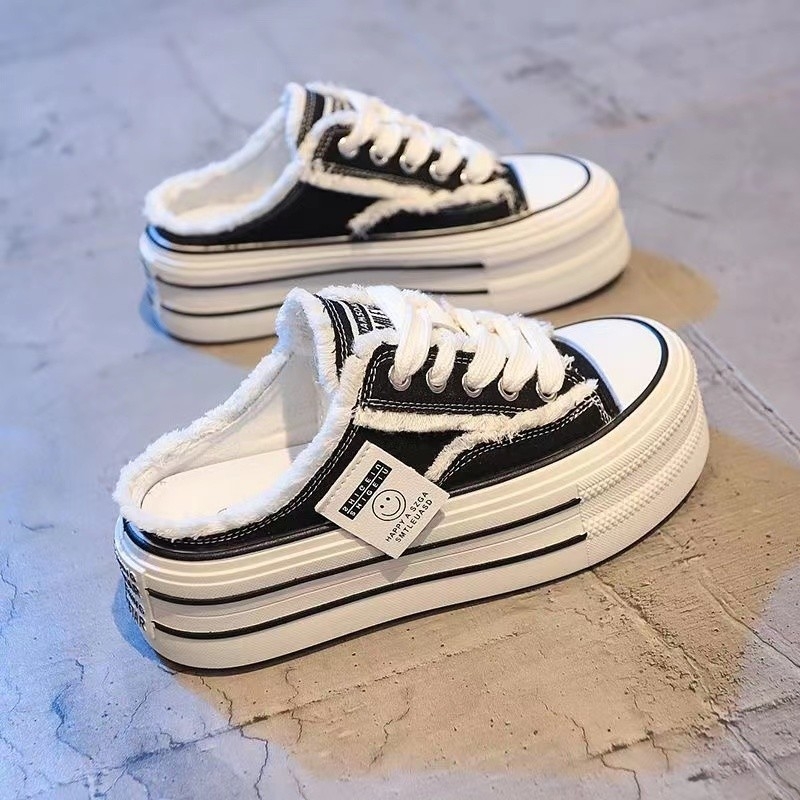 Damske platnene mule slip-on s debelim potplatom, bez pete, bijele cipele s unutarnjim podizanjem visine, proljeće 2026