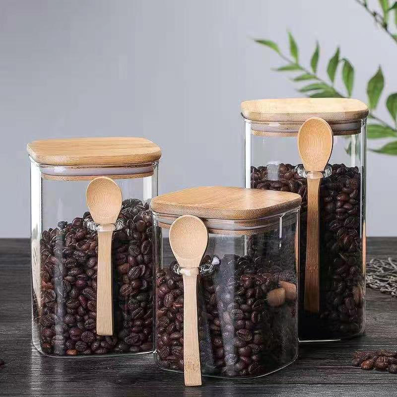 Čajna posuda s bambusovým poklopcem, kvadratna staklena posuda s silikonom brtvom, 301–500 ml, moderni minimalistički dizajn