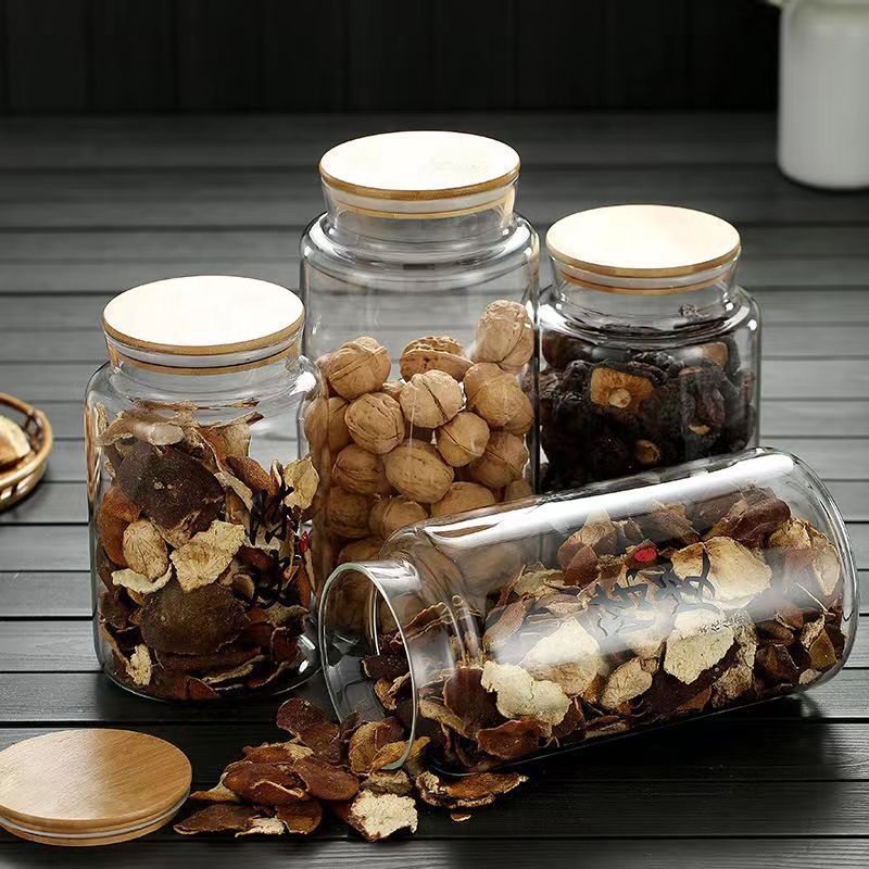 Staklena posuda s poklopcem od bambusa, velika kapaciteta za sušenu koru mandarine, visok borosilikatno staklo, zatvorena posuda za tradicionalnu kinesku medicinu