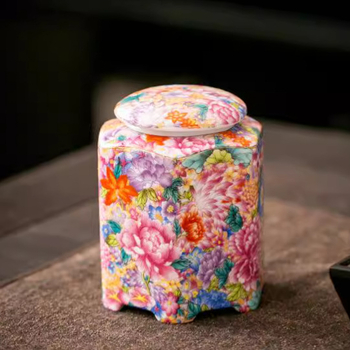 Recipient ceramic emailat cu motiv floral, ermetic, pentru ceai Pu’er și ceai negru