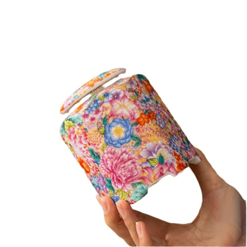 Recipient ceramic emailat cu motiv floral, ermetic, pentru ceai Pu’er și ceai negru
