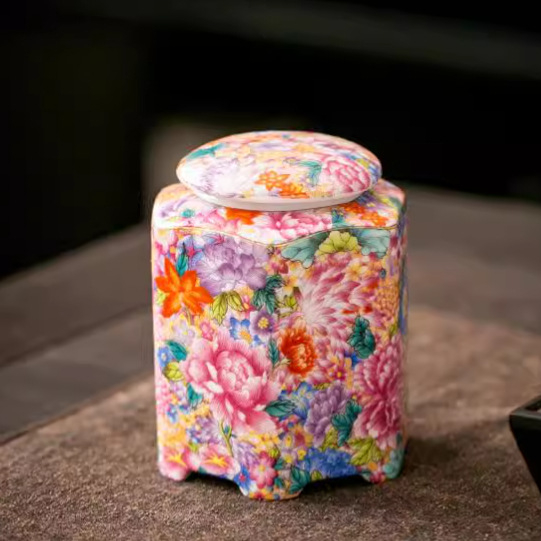 Recipient ceramic emailat cu motiv floral, ermetic, pentru ceai Pu’er și ceai negru