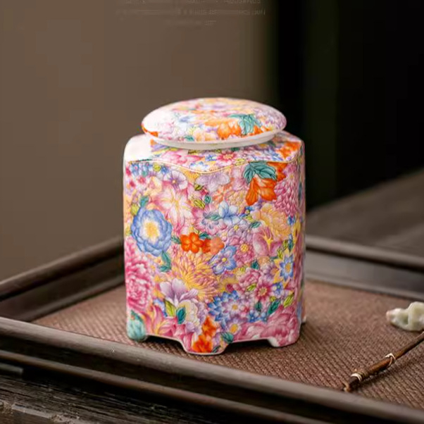 Recipient ceramic emailat cu motiv floral, ermetic, pentru ceai Pu’er și ceai negru