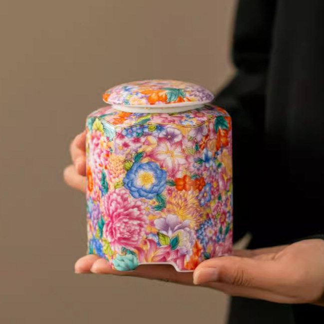 Recipient ceramic emailat cu motiv floral, ermetic, pentru ceai Pu’er și ceai negru