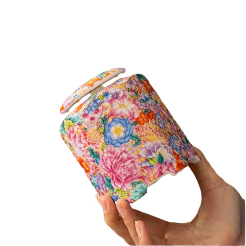 Recipient ceramic emailat cu motiv floral, ermetic, pentru ceai Pu’er și ceai negru