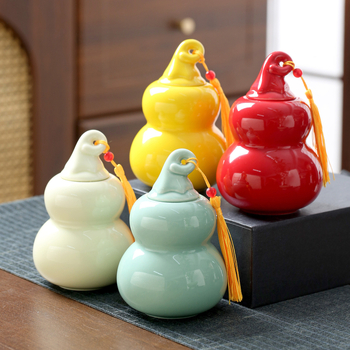 Recipient ceramic în formă de calabash pentru ceai, recipient sigilat pentru depozitare, borcan pentru pulbere de tămâie, amulet prosperitate, ornament decorativ pentru ceremonia ceaiului