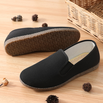 Fekete férfi vászoncipő gumírozott talppal, slip-on, négyszögletes nyílás, Old Beijing stílus
