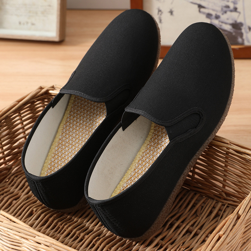Fekete férfi vászoncipő gumírozott talppal, slip-on, négyszögletes nyílás, Old Beijing stílus