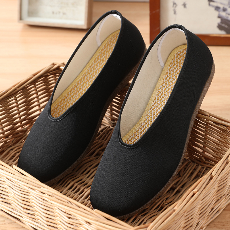 Fekete férfi vászoncipő gumírozott talppal, slip-on, négyszögletes nyílás, Old Beijing stílus