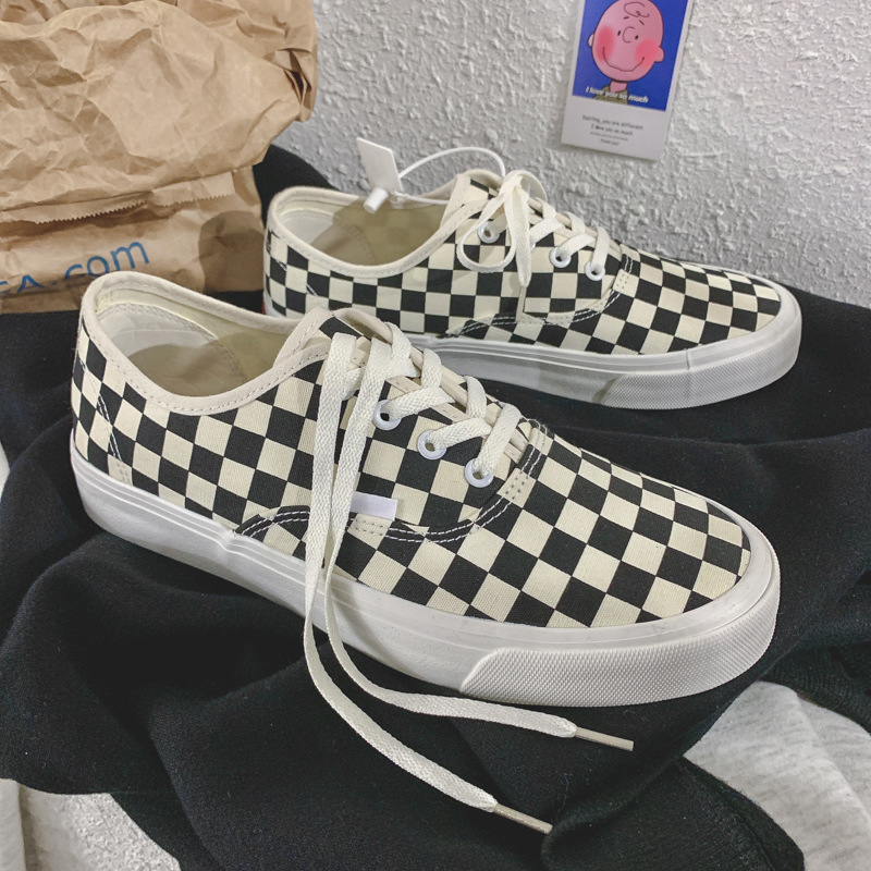 Bež platnene tenisice s kariranim uzorkom - unisex, niski profil, vezanje, hongkonški stil, svakodnevne tenisice za skateboard