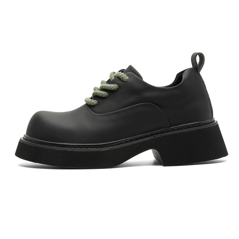 Muške derby cipele s debelom potplata za povećanje visine, crne mat boje, gornji materijal: super fiber, okrugli vrh, poslovno- casual stil