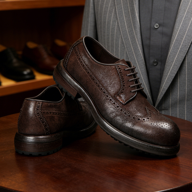 Férfi Goodyear Brogue Derby cipő lóbőrből, bőr talppal, üzleti elegáns brit retro stílusban.