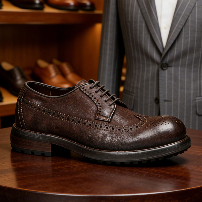 Férfi Goodyear Brogue Derby cipő lóbőrből, bőr talppal, üzleti elegáns brit retro stílusban.