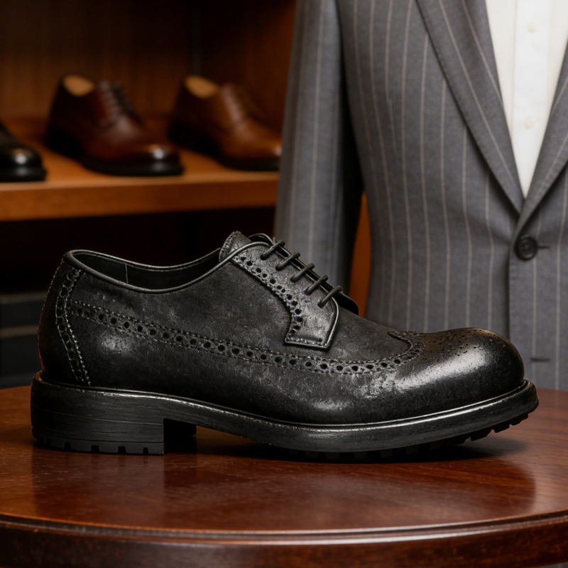 Férfi Goodyear Brogue Derby cipő lóbőrből, bőr talppal, üzleti elegáns brit retro stílusban.