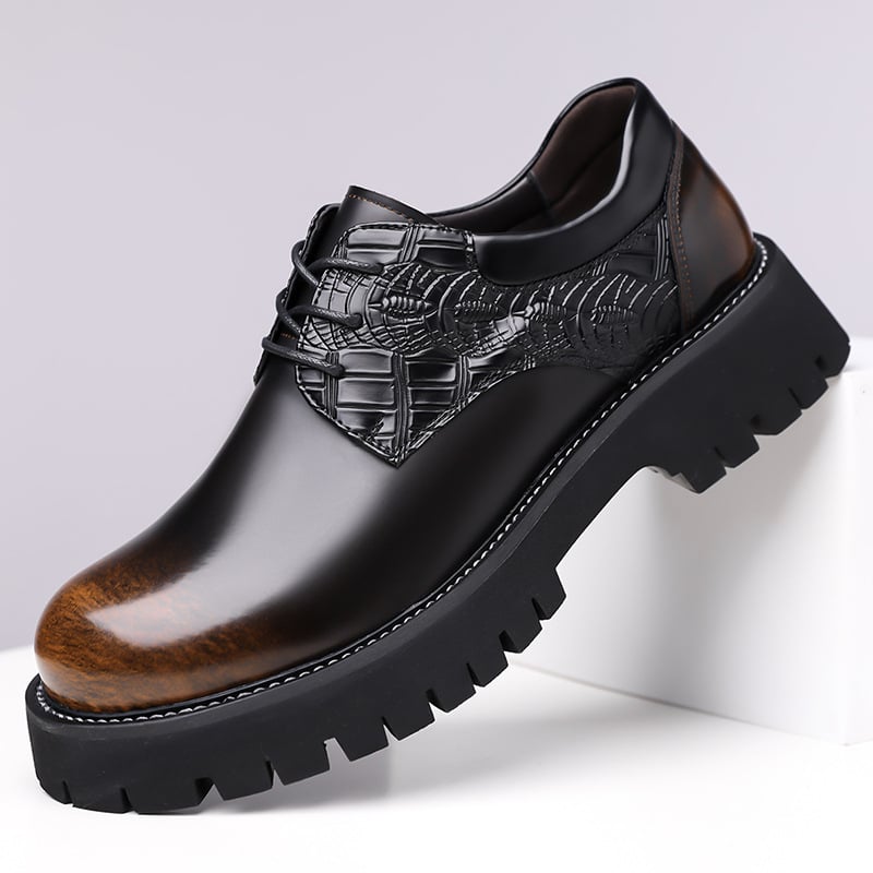 Férfi bőrdérmi cipő vastag talppal, magasságot növelő, brogue díszítésű, retro üzleti-casual stílus