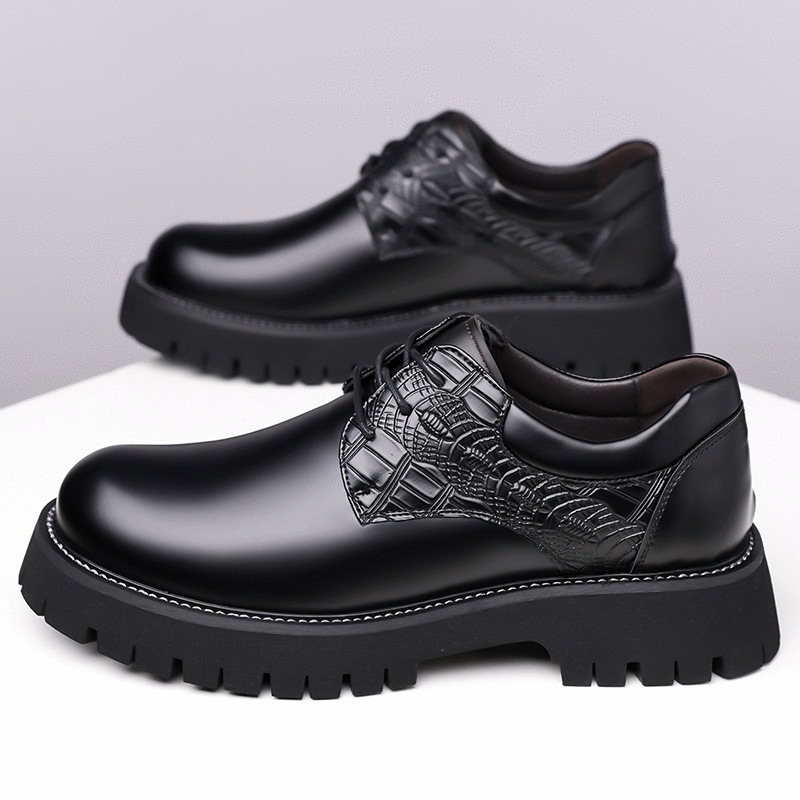 Férfi bőrdérmi cipő vastag talppal, magasságot növelő, brogue díszítésű, retro üzleti-casual stílus