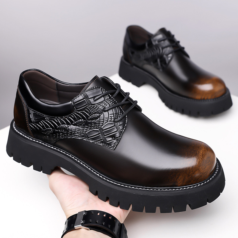 Férfi bőrdérmi cipő vastag talppal, magasságot növelő, brogue díszítésű, retro üzleti-casual stílus