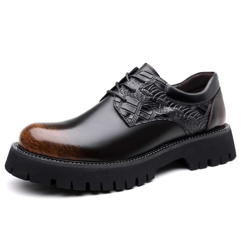 Férfi bőrdérmi cipő vastag talppal, magasságot növelő, brogue díszítésű, retro üzleti-casual stílus