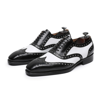 Férfi bőr brogues Oxford cipő, formális brit stílus, fekete-fehér champagne árnyalattal