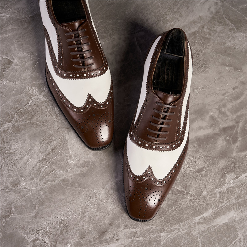 Férfi bőr brogues Oxford cipő, formális brit stílus, fekete-fehér champagne árnyalattal