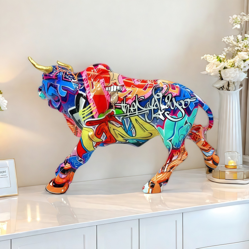 Figurină de vacă din rășină în stil european de graffiti — decor pentru sufragerie, hol, comodă TV sau vitrină de vin, cadou pentru casa nouă
