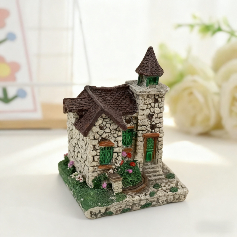 Peisaj miniatural în stil european, vilă decorativă, ornament de masă din rășină, amenajare acvariu rural