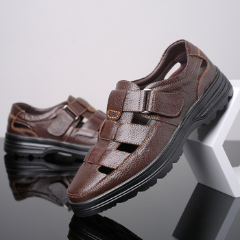Истинска кожа мъжки ежедневни сандали с велкро лента, дишащи перфорирани дизайн, плоска подметка, размери 46–48