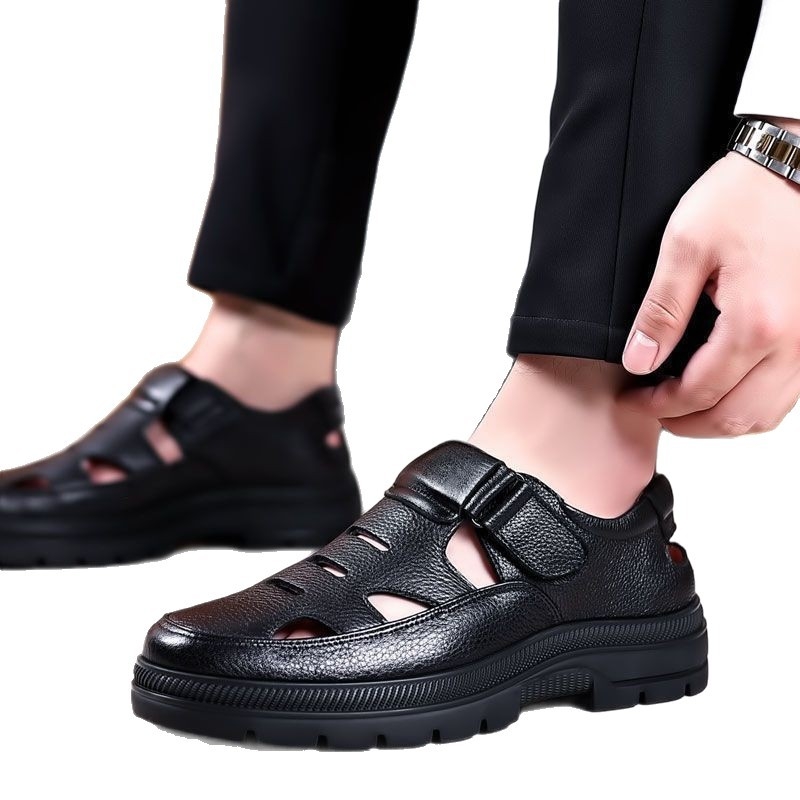 Férfi PU bőr szandál, légáteresztő perforált kialakítás, könnyű puha talp, Velcro-zár