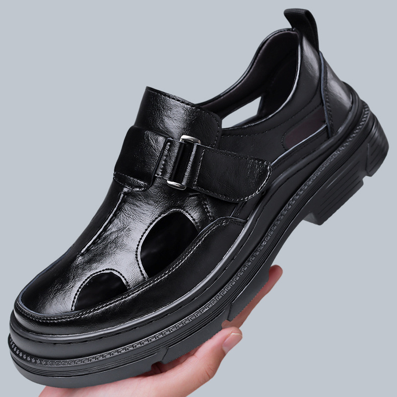 Sandale bărbați cu Velcro, perforate, talpă groasă, respirante, antiderapante, PU 6161
