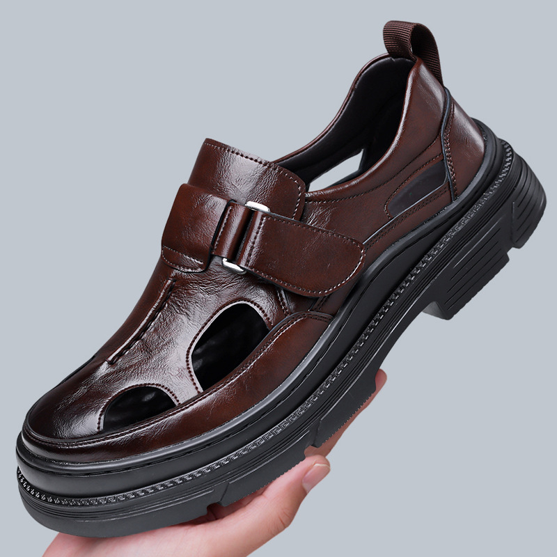 Sandale bărbați cu Velcro, perforate, talpă groasă, respirante, antiderapante, PU 6161