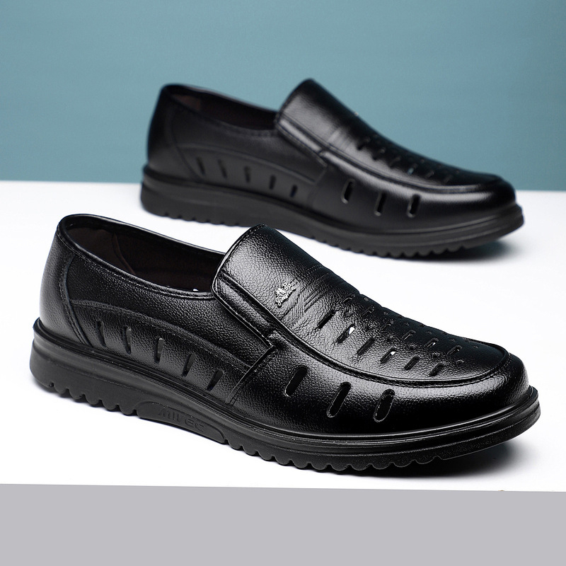 Fehér bőrszandálok férfiaknak, nyári, légáteresztő, perforált slip-on