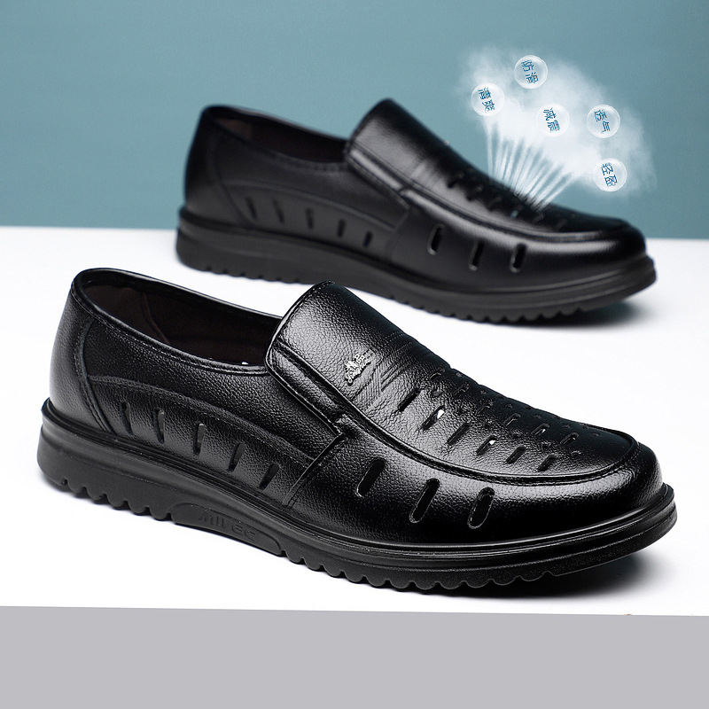 Fehér bőrszandálok férfiaknak, nyári, légáteresztő, perforált slip-on