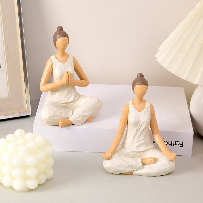 Figurină decorativă din rășină, lucrată manual, drăguță – zeița în poziția lotus, ornament de birou, aspect de sculptură în lemn