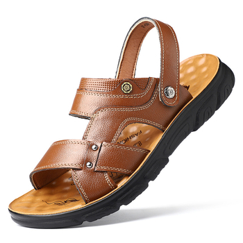 Sandale de plajă pentru bărbați din piele, piele de vită din primul strat, antiderapante, impermeabile, respirabile, deget deschis, slip-on