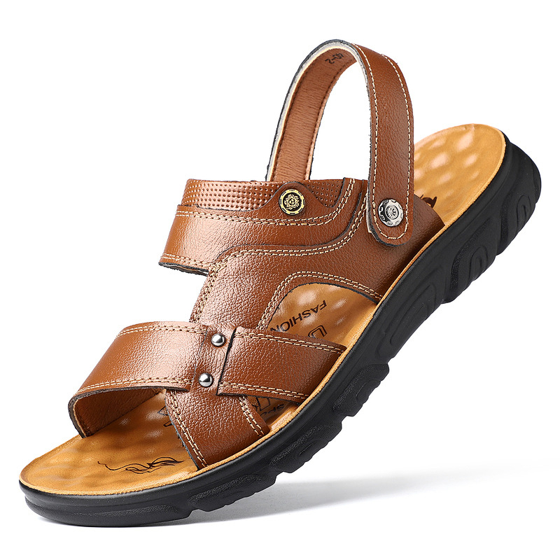 Sandale de plajă pentru bărbați din piele, piele de vită din primul strat, antiderapante, impermeabile, respirabile, deget deschis, slip-on