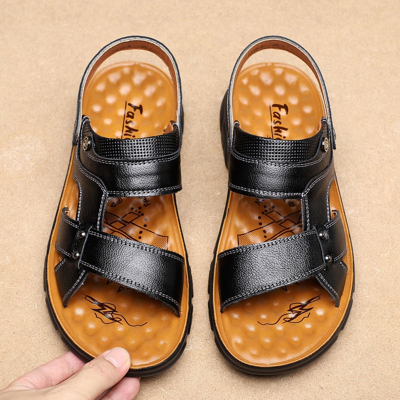 Sandale de plajă pentru bărbați din piele, piele de vită din primul strat, antiderapante, impermeabile, respirabile, deget deschis, slip-on