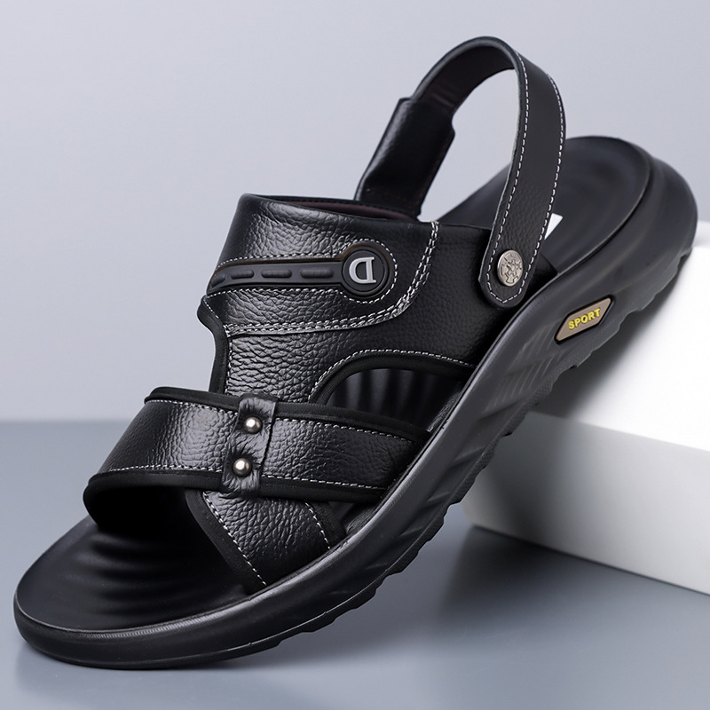 Sandale masculine cu talpă groasă, vârf deschis, piele naturală, mărimea 45, model 8508