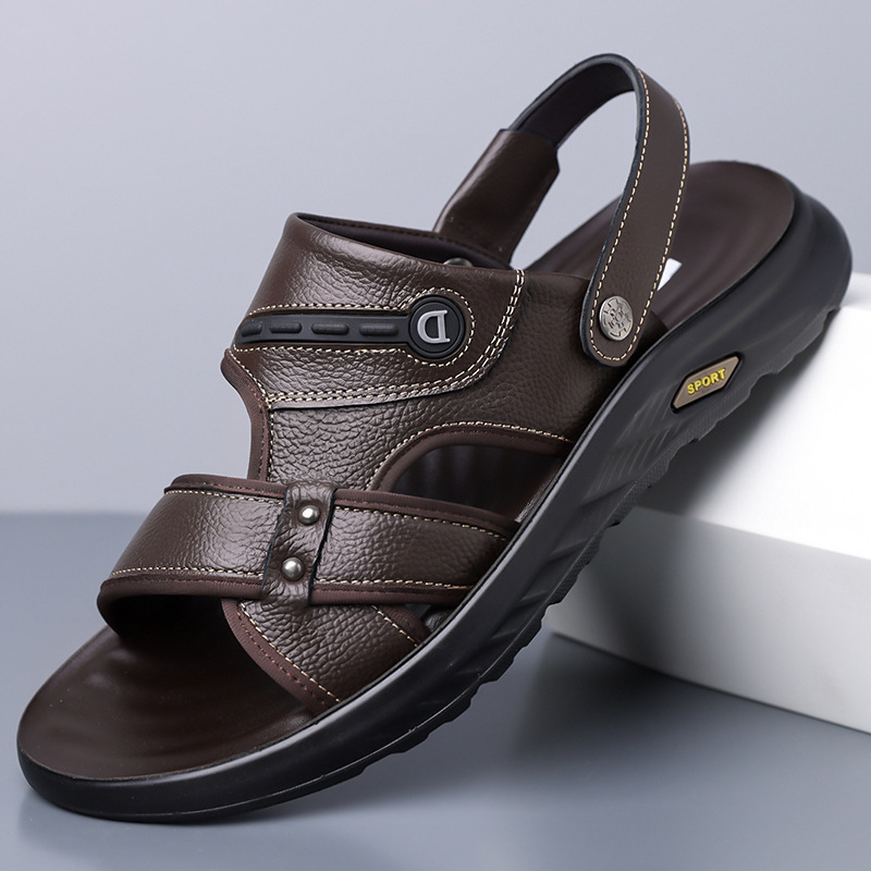 Sandale masculine cu talpă groasă, vârf deschis, piele naturală, mărimea 45, model 8508