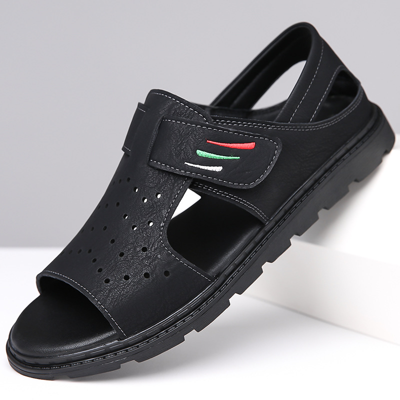 Férfi perforált bőrszandál, légáteresztő, Velcro-zár, nyitott orrú, modell 6611