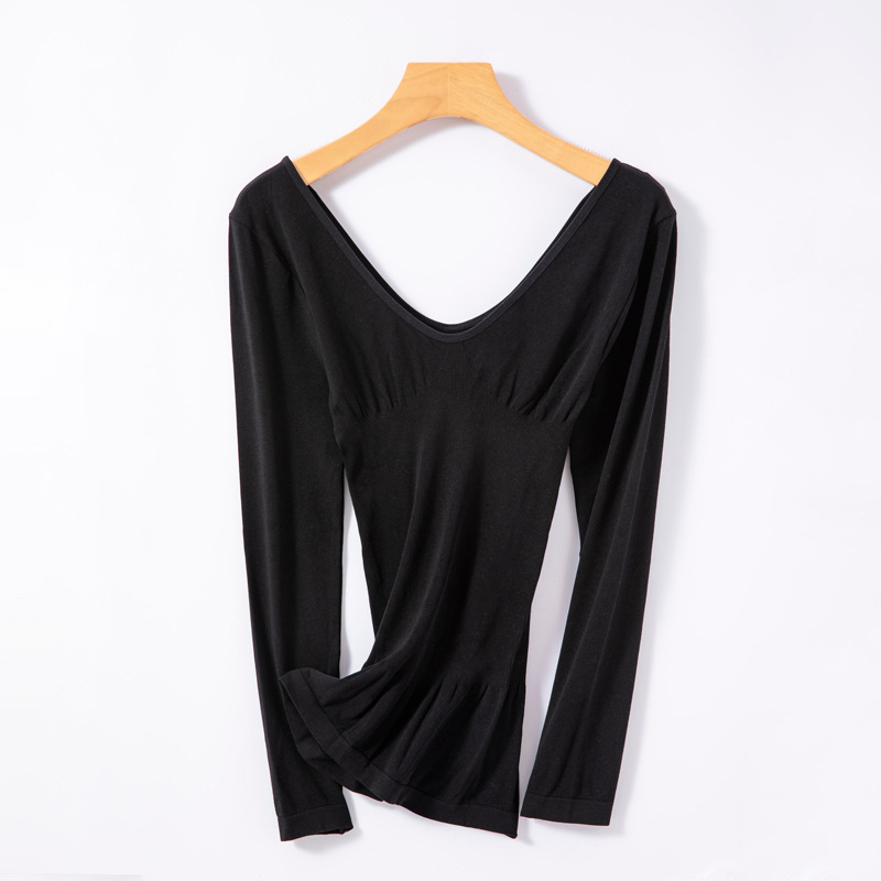 Tricou termic subțire pentru femei, cu decolteu în V, mâneci lungi, alb și nude, top de bază pentru iarnă